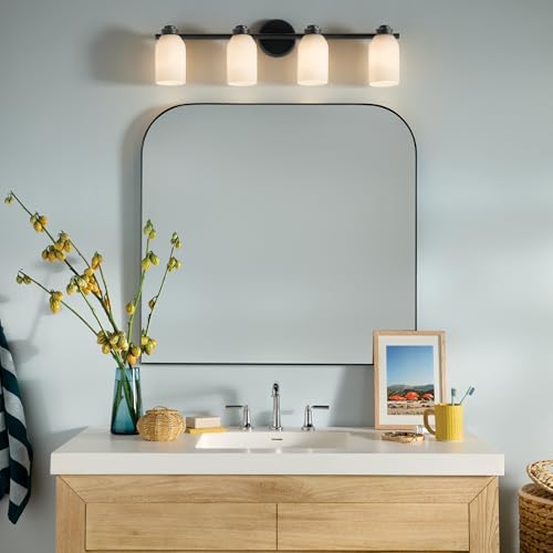 Image of Kichler Shae 4-Light Bathroom Vanity Light, Black | White opal glass vanity light for modern bathroom mirrors (32.25 inch x 9 inch), 55203BK