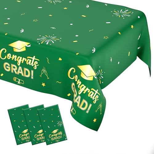 Graduation Tablecloth, Graduation Party Decorations 2025, 3 PCS Green Gold Graduation Table Cloth, 54”x108” Disposable Plastic Congrats Grad Tablecover for Graduation Party Supplies Table Decorations