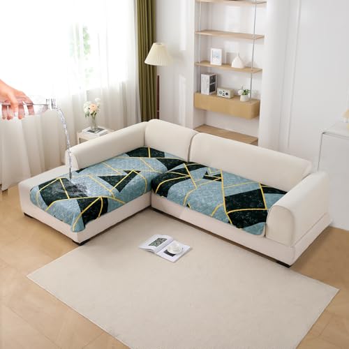 Image of HOKIPO 'Elira Series' Printed Water Repellent + Waterproof Quick Dry L Shape (2+2 Seater) Sofa Seat Cover Mat, Multicolor Abstract Geometry (AR-5245-C10 + AR-5246-C10)