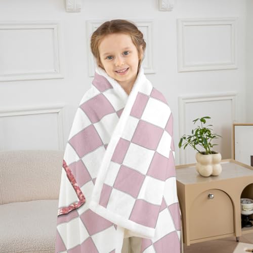 Image of Erosebridal Pink Initial F Fuzzy Plush Throw Kawaii Plaid Checkered Fleece Blanket Cute Personalized Monogram Sherpa Blanket for Kids Girls,Fashion Grids Gingham Decor for Bed Couch 40 inchx50 inch