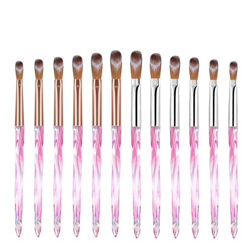 12 Pcs Acrylic Nail Brush Art Brushes Set Pink Nail Brush 3D Carving For Apply Acrylic Powder Extension For Diy Home Salon Art Manicure Tool