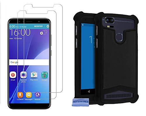CAMPUS TELECOM 2 Films Vitre Verre Trempé Protection ecran + 1 Coque Gel Silicone Universelle Noir 5' Smartphone Echo Push/Moss/Flow/Smart/Stellar/Star Plus/Power Volt 5''