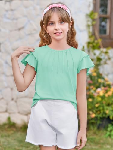 Image of Haloumoning Girls Pleated Ruffle Short Sleeve Shirts Kids Summer Crewneck T-Shirts Fashion Tops Tees 5-14 Years