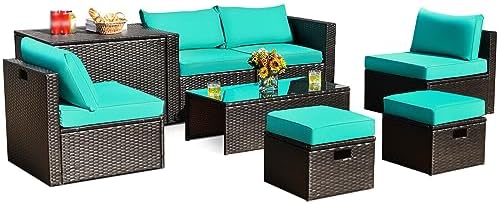 ZSEDP 8PCS Patio Rattan Furniture Set Space-Saving Storage Cushion Turquoise