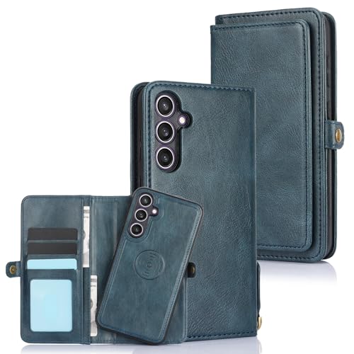 Étui Samsung S26 Plus bleu marine en cuir uni avec portefeuille magnétique amovible