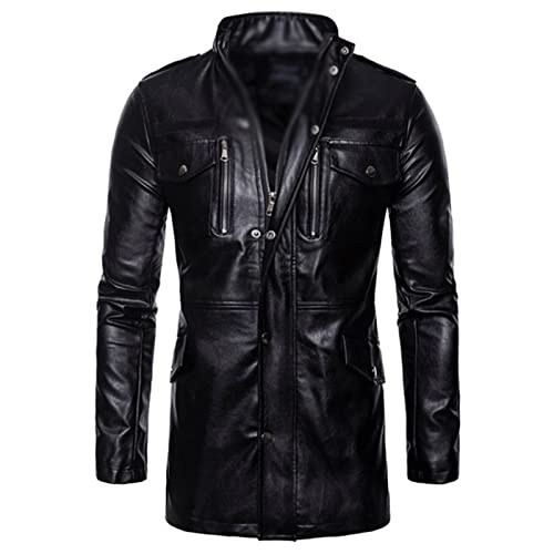 Mens Mid Length Style Long Leather Jacket Motorcycle Black Lambskin Leather 3/4 Length Long Overcoat2