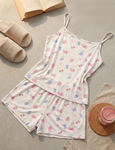 Image of Women's Cami Pajama Sets 2 Piece Soft Tank Top & Shorts Fruit Flower Cute Print Summer Sleepwear