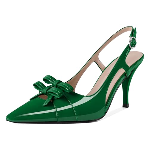 Womens Sling Back Heels with Bow Heels Stiletto High Heels 3.5 Inch Slip On Square Toe Pumps for Casual Work Daily Patent Leather Green US Size 10