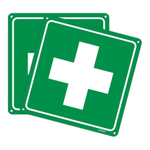 2 cartelli di sicurezza di primo soccorso, segno di salvataggio verde con croce bianca per via, uscita di emergenza, marcatura di sicurezza (logo di primo soccorso)