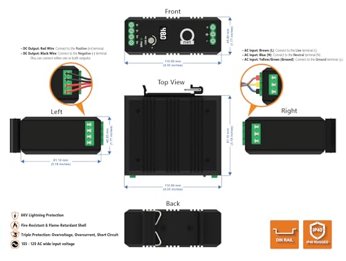 Image of 48V DIN Rail Industrial Power Supply Bundle - 48-52V Adjustable, 2.5A 120W Output with DC Distribution Module, LED Voltage Display, Lightning & Overload Protection, -40C to +85C, Fanless Aluminum