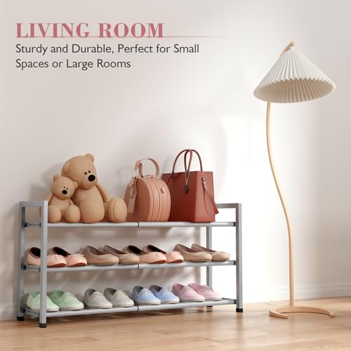 Image of Bumusty 3-Tier Expandable Shoe Rack for Closet, 18 inch-33 inch Adjustable Shoe Rack for Small Space, Small Shoe Organizer for Front Door, Sturdy Metal, Light Grey