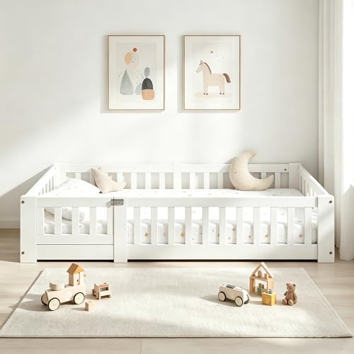 Cama infantil cama de suelo 80x160 cm, cama infantil Montessori con protección contra caídas y somier, cuna juvenil, cama individual para niños y niñas de madera maciza de pino, sin colchón(Blanco A)