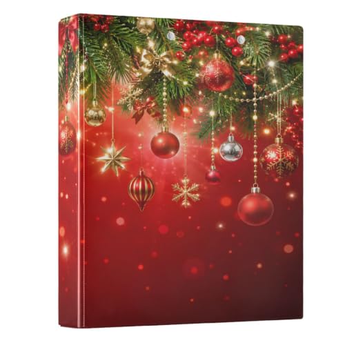 Image of 3 Ring Binder Christmas Garland Red Colored Ball 1.5 inch Binders Three Ring Binders with Clipboard 3 Interior PVC Clear Pockets for Office Supplies
