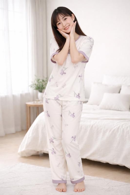 Image of Women's Pajama Set with Top & Pants|| Korean Night Wear|| Loose Fit Home Wear || Lightweight Printed Set || Soft & Comfy Girls & Women