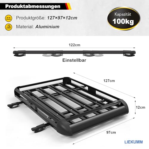 LIEKUMM 127 x 97 cm Dachgepäckträger, 100 kg Tragfähigkeit Aluminium Dachgepäckträger Korb Relingträger, Auto Dachträger Fracht Relingträger Universal Gepäckkorb für Universal SUV, Schwarz
