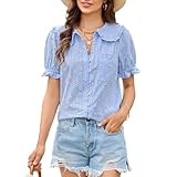 Musselin Damen Bluse aus 100% Baumwolle mit Stickerei, Puffärmel & Rüschenkragen, V-Ausschnitt Kurzarm-Hemdbluse zum Knöpfen，Boho Sommer Vintage Top Blaue Blume M