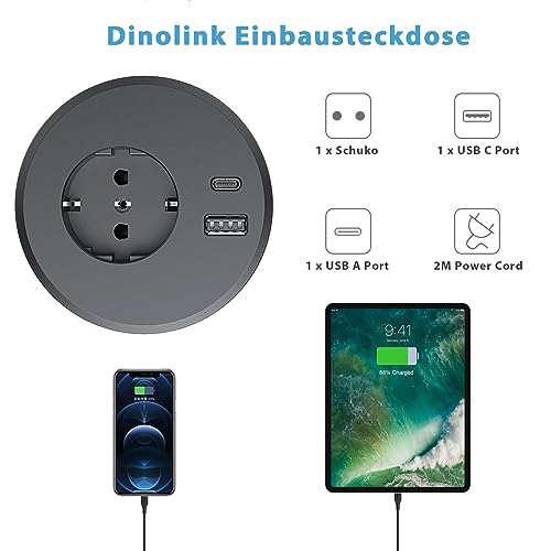 Prise encastrable plan de travail 80mm Dinolink avec USB C et câble de 2m pour bureau noir