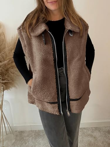 Tankaneo Womens Fuzzy Fleece Vest Sleeveless Zip Up Sherpa Jacket Fall Loose Fit Warm Outerwear with Pockets2