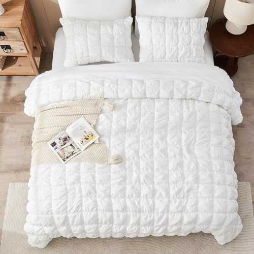 Image of White Comforter Set King Size Bed in A Bag 7 Piece Pinch Pleat Bedding Set, Pintuck Ruched Square Bed Set with Comforter, Sheets, Pillowcases & Shams