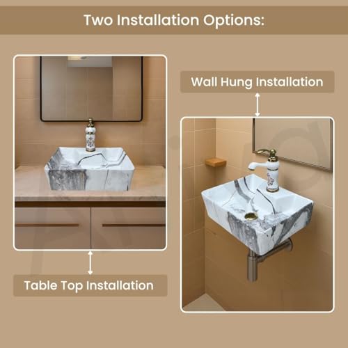 Image of Artiva Designer Ceramic Table Top Wash Basin For Bathroom /Wall Mounted Bathroom Sink /Wall Hung Washbasin /Wash Basin For Cabinet, Countertop, Vanity (Thunder White 16 x 12 x 5 Inch)