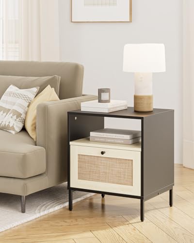 Image of Nightstand Rattan Night Stand,Large Modern Side Table Boho Farmhouse Wood Bedside Table with Storage Drawer and Open Shelf,Large End Side Table for Bedroom,Living Room,Office(Black)