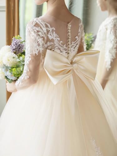 JISISANG Lace Tulle Wedding Flower Girl Dress Long Sleeve Princess First Communion Dresses Pageant Tutu Dress with Bow Knot3