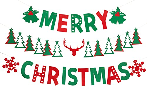 PartyWoo Merry Christmas Banner 2 sets, Pack of Fabric Christmas Banners and Felt Christmas Tree Bunting, Red Green Pennant Banners Signs for Xmas Party Decorations, Holiday Christmas Decorations Home