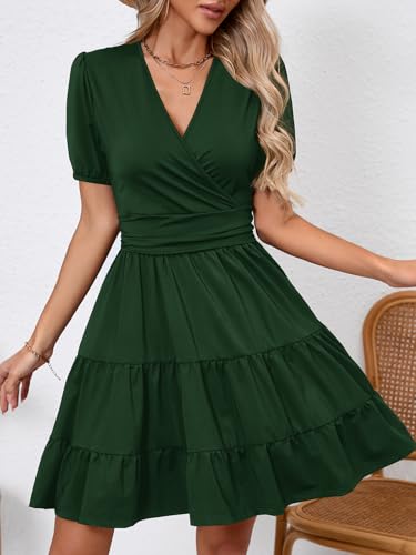 Image of Women's Casual Summer Dress V Neck Short Sleeve Flowy Stretchy Comfort Fit for Daily Wear Work Midi Dresses