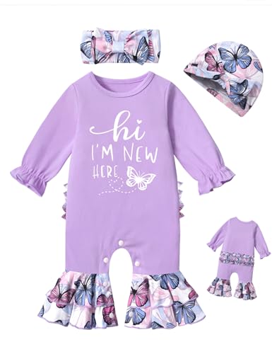 Image of AGAPENG Newborn Girl Clothes Ruffle Letter Print Romper Infant Bell Bottom Jumpsuit Boho Baby Girl Clothes with Headband Hat