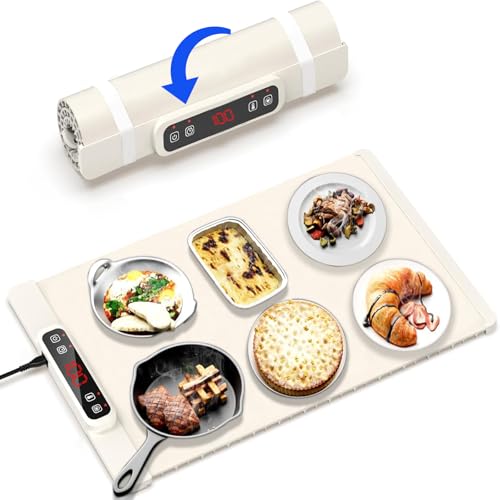Image of Food Warming Mat, Electric Warming Tray with Child Lock, Premium-Grade Silicone Mat, Heating Fastly in 10s, Portable Design for Home and Kitchen (Beige)