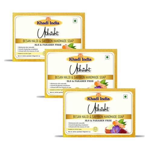 Image of Utkrisht Khadi Besan Haldi & Saffron Handmade Bathing Soap Bar 125g (Pack of 3) | Natural & Herbal | Moisturizing, Glowing & Brightening Skin | For Acne & Pimples | All Skin Types | For Men & Women