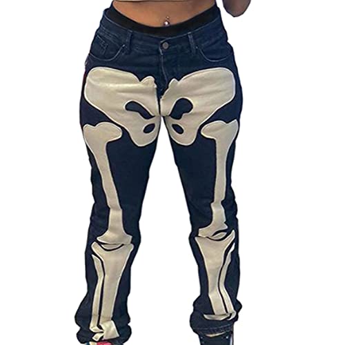 Women Skeleton Printed Loose Pants High Waist Y2K E Girl Button Closure Jeans Wide Leg Baggy Hipster E Girl Trousers (Black 2, X-Large)