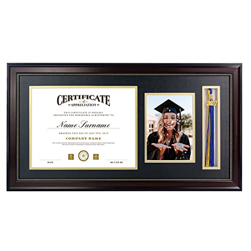 GraduatePro 11x22 Diploma Picture Frame with Tassel Holder for 8.5x11 Document/Certificate & 5x7 Photo, Mahogany Gold Rim with Double Mat (Black Over Gold), Tassel Shadow Box & Real Glass