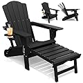 THOEOE Adjustable Adirondack Chair with Retractable Ottoman, HDEP Folding Adirondack Chairs with Footrest 2-in-1 Cup Holder, All Weather Outoor Fire Pit Chair with Foot Rest Set 1 Black