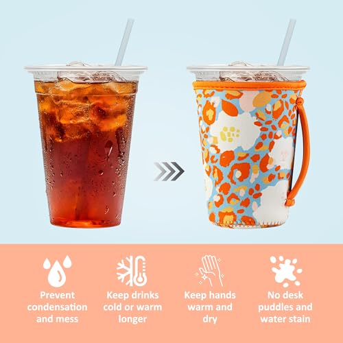 Image of KJQJLY 3 Pack Reusable Iced Coffee Sleeves for Iced Coffee Cups or Drinks Reusable Neoprene Insulated Sleeves for Hot and Cold Drinks from Starbucks, Dunkin, And More (Summer Abstract Flower)