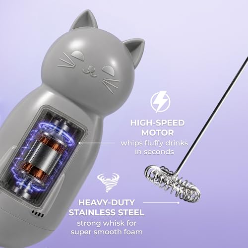 Image of Zulay Kitchen Cat Milk Frother Wand - Cutesy Frother, Meet Your New Frothing Buddy Storm The Cat, Adoption Papers and Stickers Included, Purrr-fect for Lattes, Cappuccino & Matcha - Gray