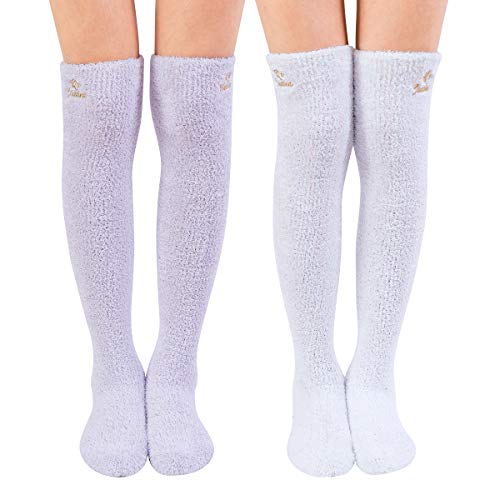 SKOLA 2 Soft Warm Fuzzy over the Knee High Long Winter Cozy Slipper Socks (Dark Purple/Blue 2Pairs)
