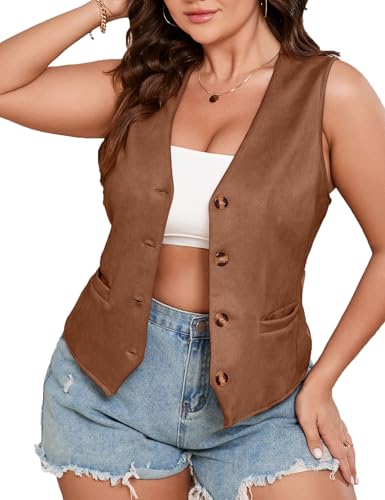 ShopWonder Womens Plus Size Button Vintage Vests Jacket V-Neck Faux Suede Cardigan Outerwear With Pockets