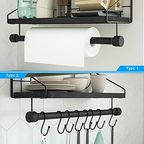Alsonerbay Kitchen Shelf Wall Mounted Floating Shelf Wood Floating Wall Shelves with Hooks Rustic Shelf with Towel Bar for Bathroom, Bedroom, Living Room Black