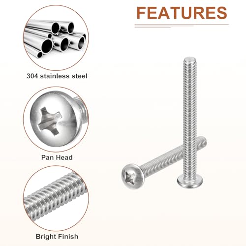 DTGN 1/4-20x2-1/2" Pan Head Machine Screws, 10Pcs 304 Stainless Steel, Phillips Drive, UNC Full Thread, Bright Finish, Screws Bolts Kit - Image 4