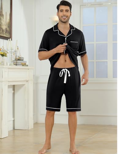 Image of Veseacky Men's Button Down Pajama Set Short Sleeve Shorts Modal Soft Sleepwear Loungewear Pjs with Pockets S-XXL