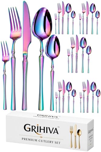 Image of 30 Pcs Rainbow Cutlery Set for Dining Table the Perfect Lightweight Silim Handle Tableware Including Dinner Spoon, Dinner Fork, Dinner Knife, Dessert Spoon & Dessert Fork
