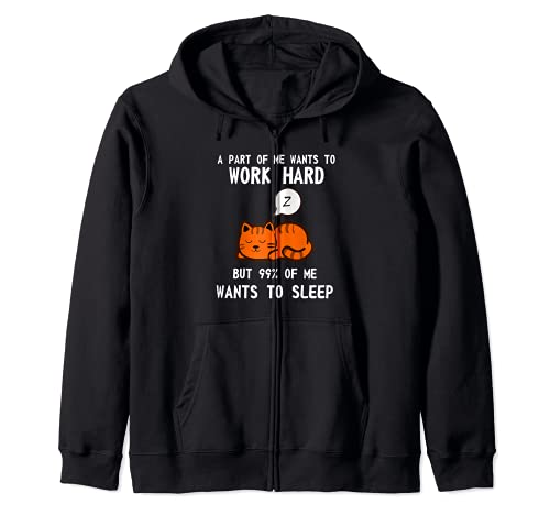 Lazy Cat Sleeping Tired Work Motivation Zip Hoodie, Black