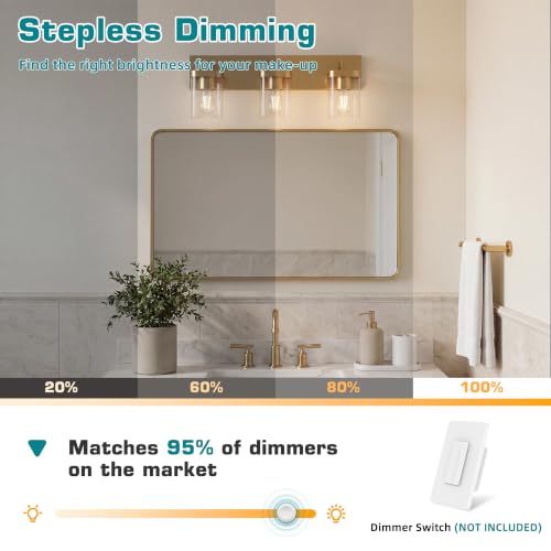 Image of Bathroom Lighting Fixtures Over Mirror, Square Design & Rectangle Large Backplate, 3 Lights Modern Vanity Lighting Fixtures, Bathroom Light Fixtures for Bathroom /Living Room /Bedroom, Gold