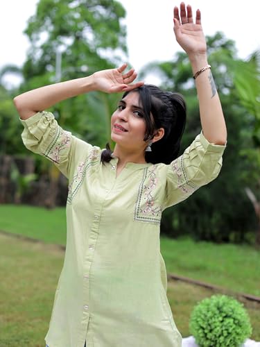 Image of Women's Viscose Rayon Embroidered A-Line Short Kurti Above Knee Regular Fit Tunic Top Office Wear Casual short kurti for women | office wear top | A-line kurti | raksha bandhan gift dress for women