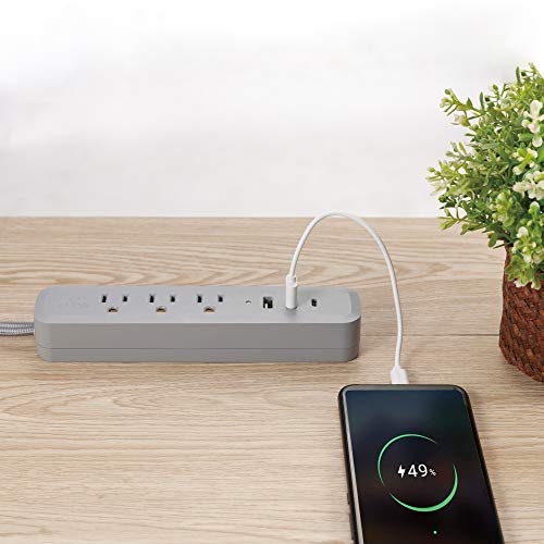 Globe Electric Designer Series 6-Ft 3-Outlet Usb Surge Protector Power Strip, 2X Usb-A Ports, 1X Usb-C Port, Right Angle Plug, Gray, 78551 #TOP1