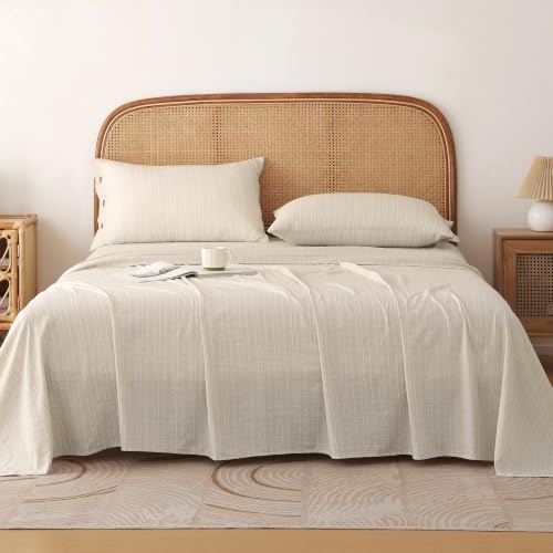 Image of Story@Home Linen King Size Bedsheet Cotton Textured Flat Sheet with 2 Pillow Covers Super Soft Bed Sheet for King Size Bed | 300 TC Striped Pattern | 250 x 270 cm | Ivory