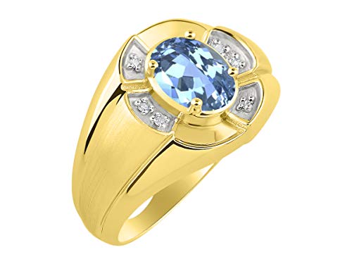 Image of Rylos Yellow Gold Plated Silver Men's & or Ladies Ring with 8X6MM Oval Gemstone & Diamonds - Unisex Color Stone Birthstone Ring Sizes 7-13