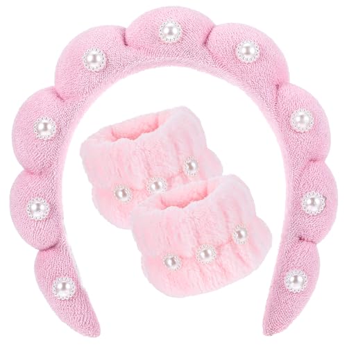 YUXIANLB Diadema de spa para lavar la cara, diademas suaves para el cuidado de la piel para mujeres y niñas, maquillaje de esponja de rizo con perlas, juego de pulseras para lavar la cara (rosa)