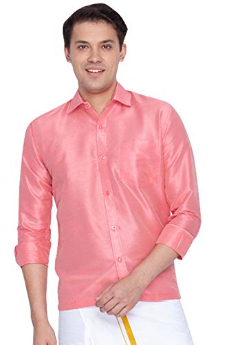 Image of VASTRAMAY Men's Ethnic Silk Blend Shirt Full Sleeves - South Indian Shirt in Rose Gold, for Casual, Formal | Festive Ethnic Outfit For Rakhi